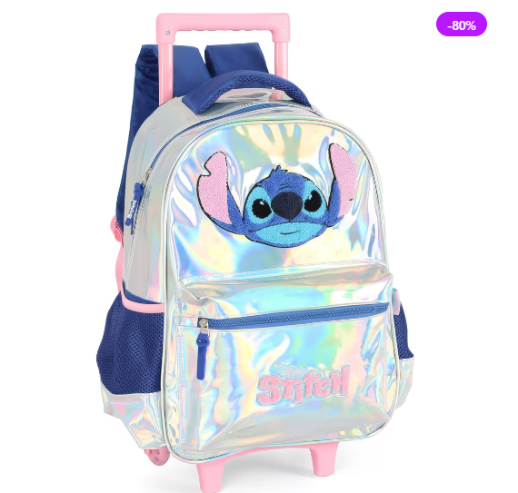 KIT Mochila com Rodinhas Escolar Infantil Holográfica Stitch Prata