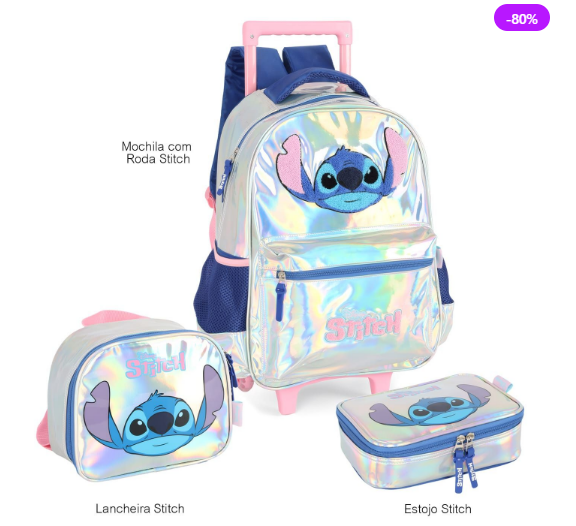 KIT Mochila com Rodinhas Escolar Infantil Holográfica Stitch Prata